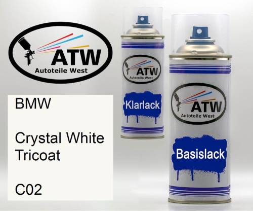 BMW, Crystal White Tricoat, C02: 400ml Sprühdose + 400ml Klarlack - Set, von ATW Autoteile West.